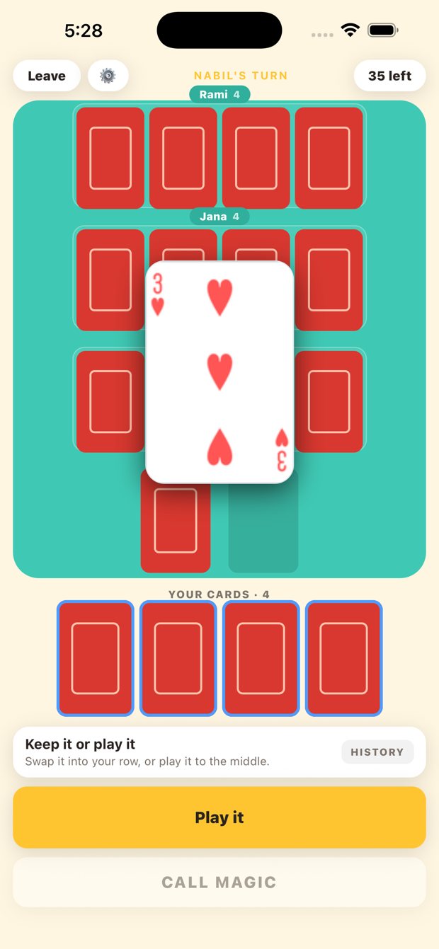 A round in play: face-down cards around the table and a freshly drawn three of hearts