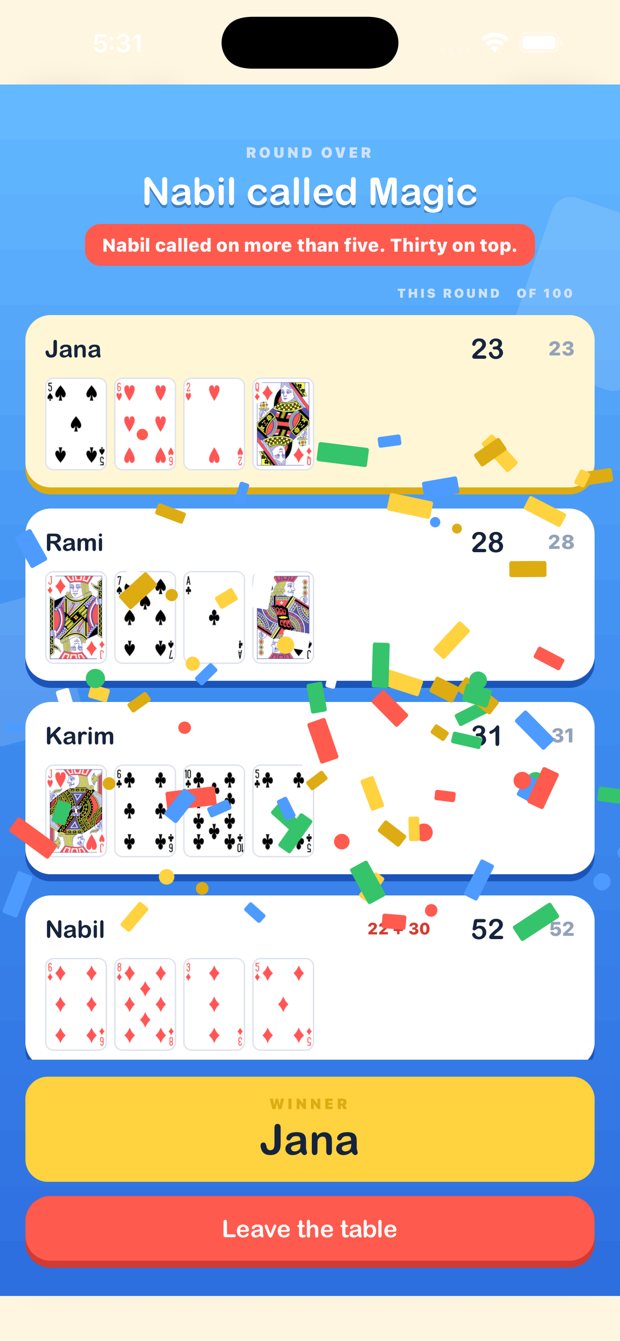 The round-over screen: Nabil called Magic with more than five and took thirty on top