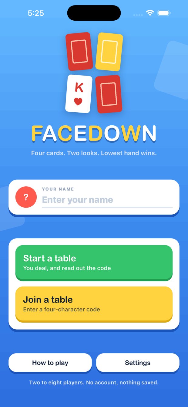 The Facedown home screen with the logo and buttons to start or join a table
