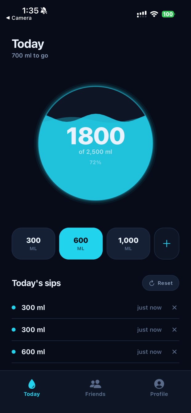 The Today screen, showing a cyan orb filled with water above quick-add buttons