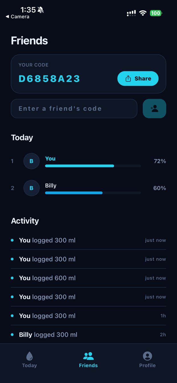The Friends screen, showing an invite code, a leaderboard and a live activity feed