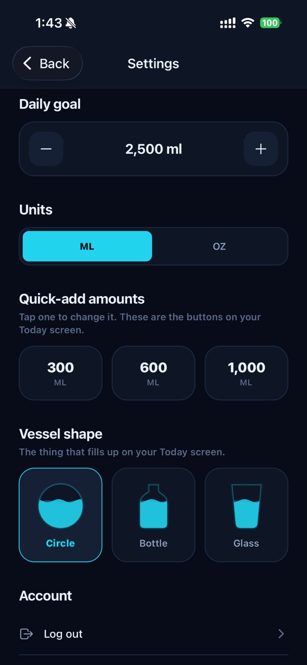 The Settings screen, showing goal, units, quick-add amounts and vessel shape options
